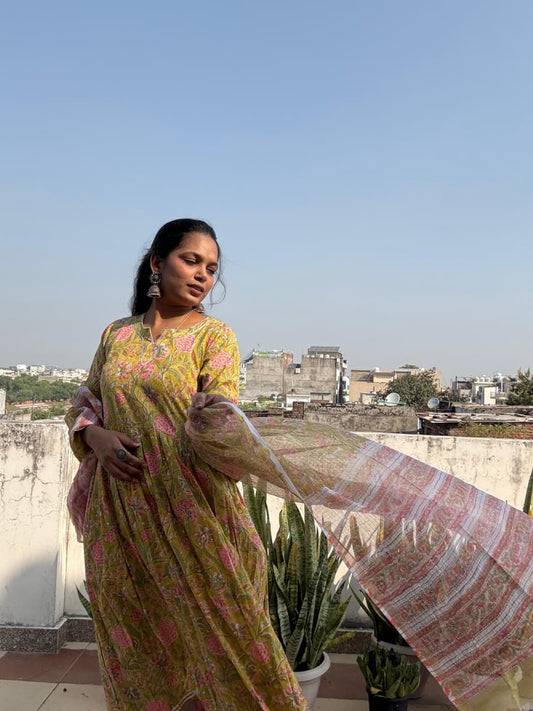 Lemon flower Hand block print cotton anarkali suit with kota doriya dupta suit