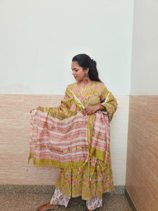 Pink flower Hand block printed cotton anarkali kurta suit with chanderi silk dupta suit set